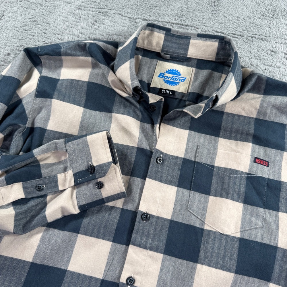 RSVLTS Borland Flex Shirt Mens Large Slim Blue Cream Buffalo Plaid Excellent L/S